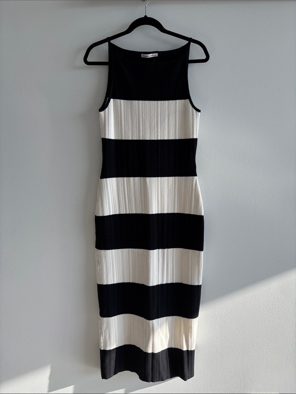 Abercrombie & Fitch Black and White Striped Ribbed Knit Midi Dress